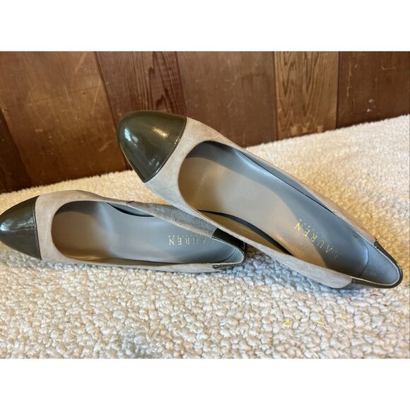 Lauren Ralph Lauren Patent Leather & Suede Two Tone Gray Tan Pumps US 7.5 B - Picture 4 of 16